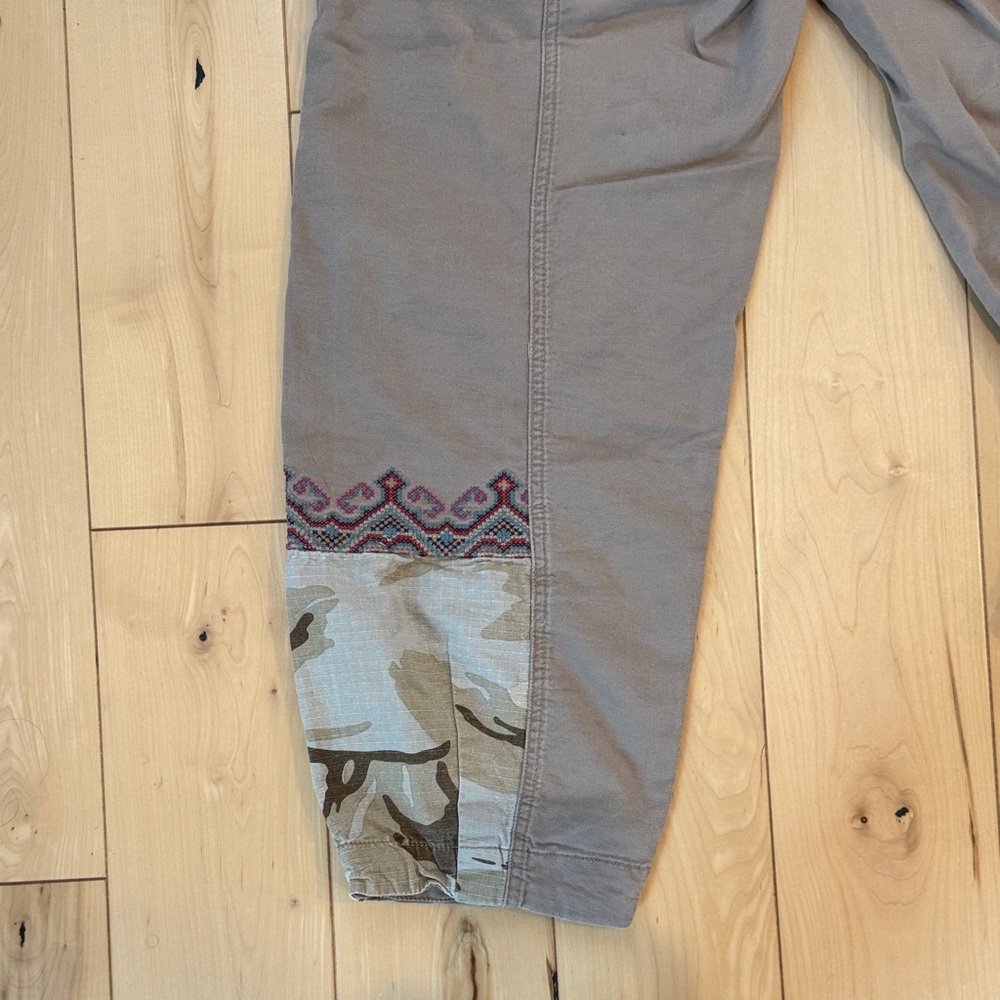 Anthropologie Taupe Cargo Pants with Camo & Purple Embroidery - Picture 5 of 5